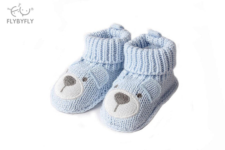 Teddy bear knitted baby socks - blue