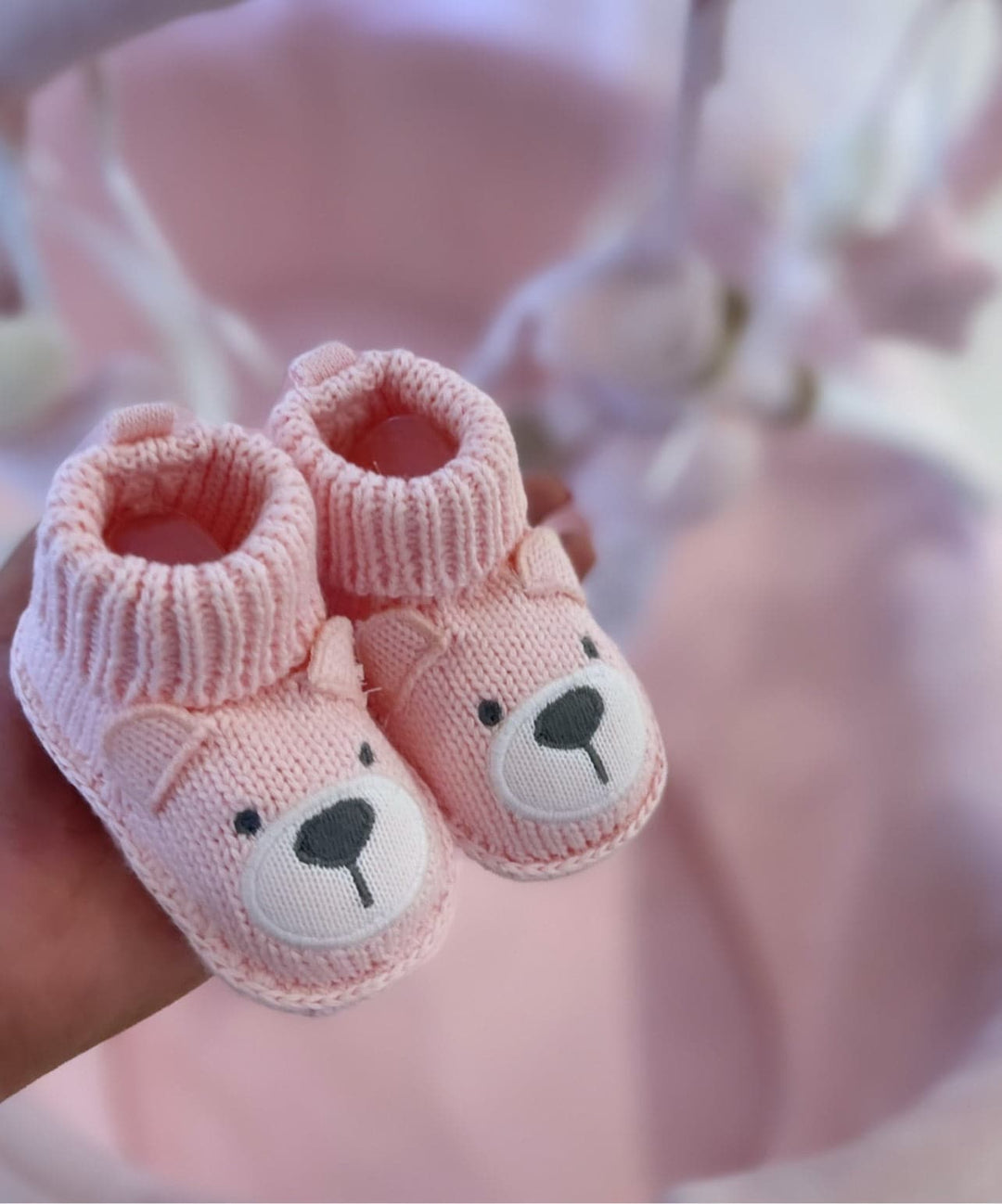 Teddy bear knitted baby socks - pink