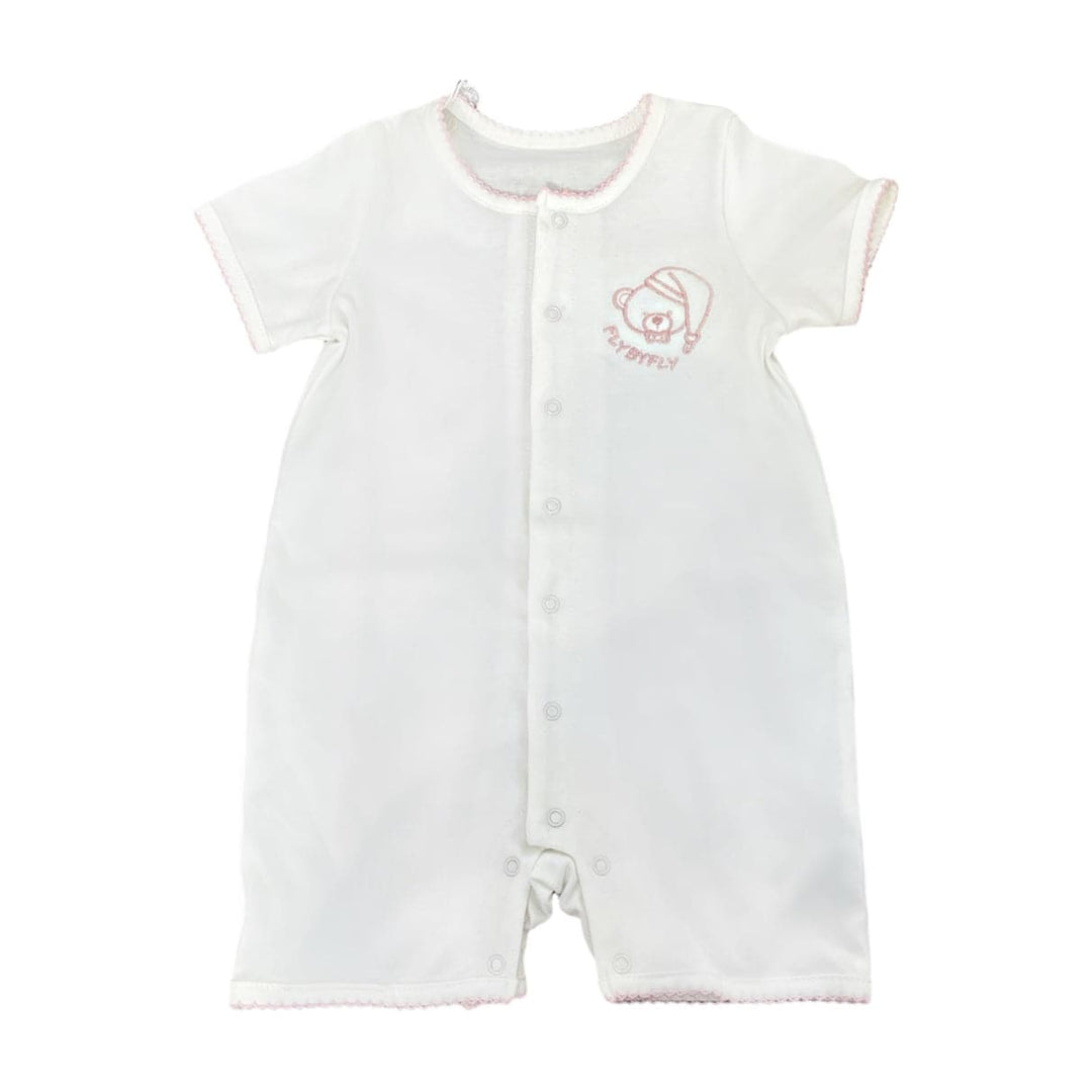 Short Jumpsuit - teddy bear embroidery - white&pink