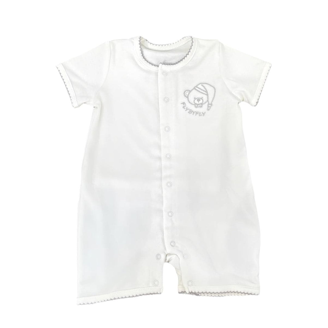 Short Jumpsuit - teddy bear embroidery - white&gray